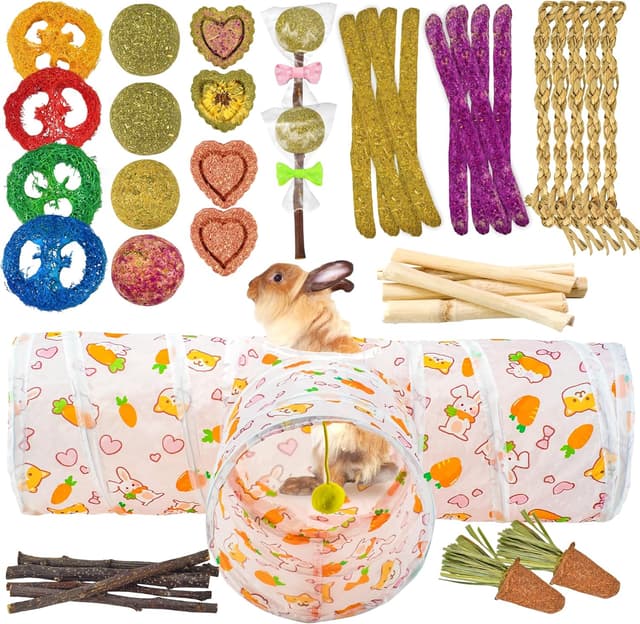 Detalle de LECHONG 42-in-1 Box Natural Rabbit Toys with Collapsible Tunnel Set (chews & hideout for rabbits and small pets)