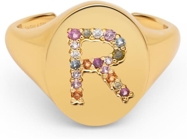 Detalle de SINGULARU Anillo Signet letra R, baño 18 Kt 💍