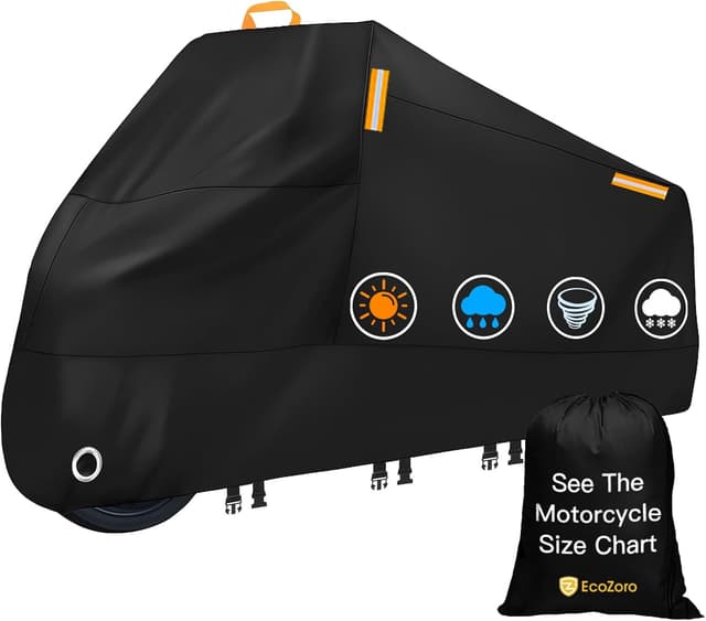 Detalle de EcoZoro 300D Heavy Duty Motorcycle Cover (All-Season Waterproof) with Lock Holes, Reflective Strips & Storage Bag