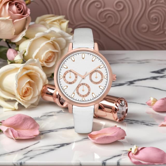 Detalle de Damenuhr in Roségold-Optik mit weißem Zifferblatt, drei Deko-Subzifferblättern und weißem Lederarmband