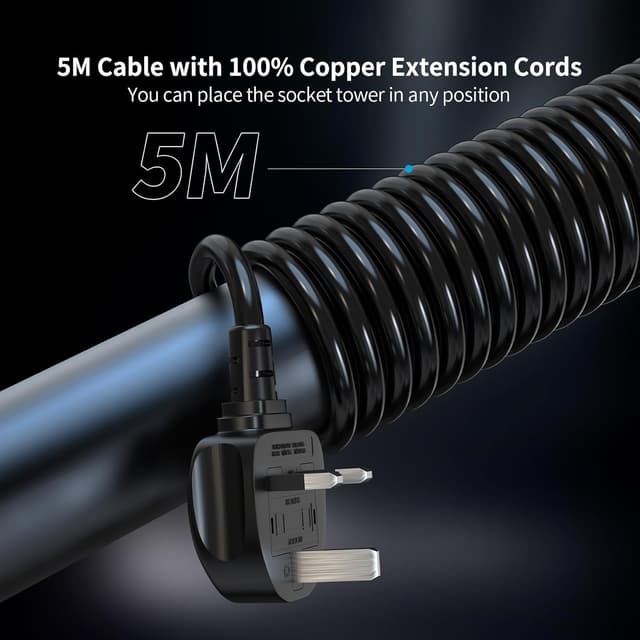 Detalle 2 de Tower Extension Lead 5m with USB Slots and PD 20W Fast Charger (13A 3250W) – 12-Way Surge-Protected Tower, Black