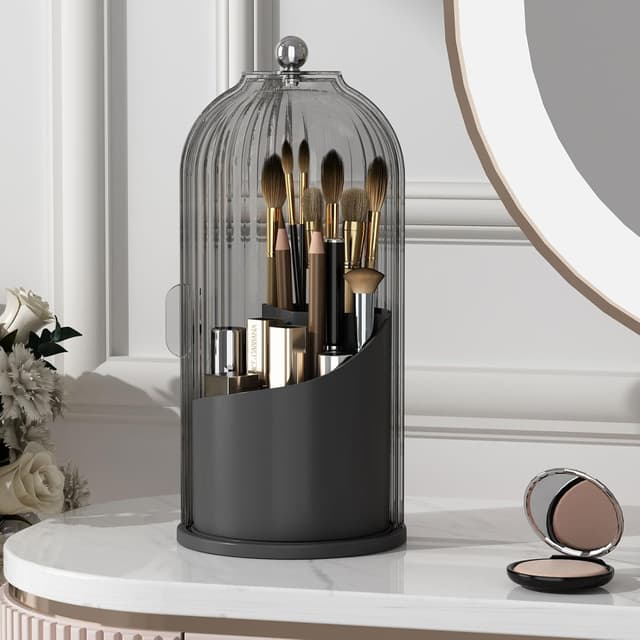 Detalle de YOOLENS Makeup Brush Holder with Lid, 360° Rotating Clear Dustproof Organizer (Black)