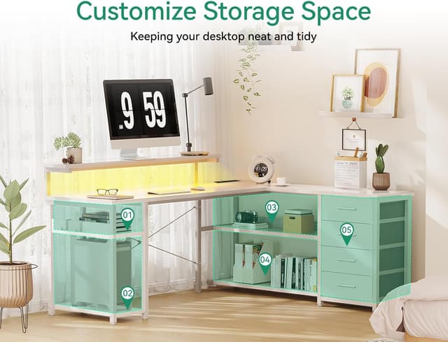 Detalle de ODK Corner Desk with Drawers (L-Shaped, Reversible) with LED Lights, Monitor Shelf & Power Outlets – White, 135×110 cm