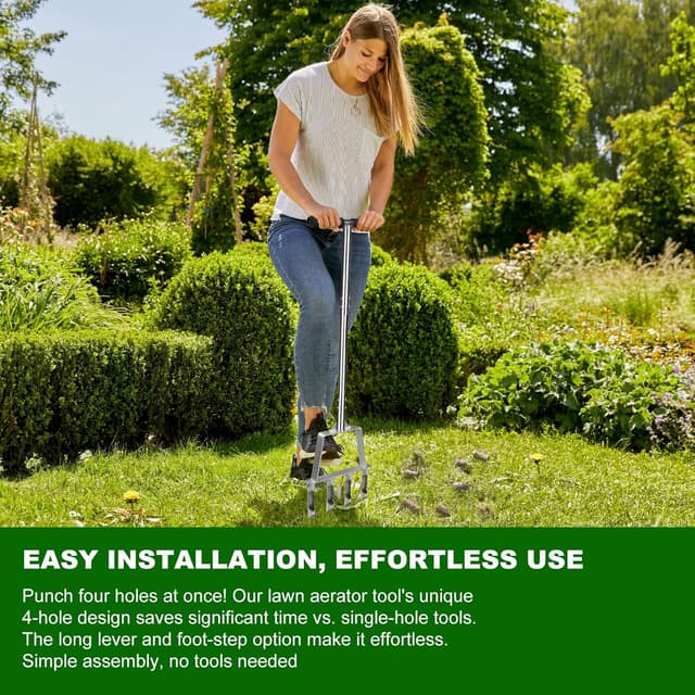 Detalle 2 de Qdreclod Rasenlüfter aus Edelstahl mit 4 Hohlzinken – manueller Aerifizierer für verdichteten Boden