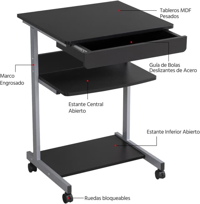 Thumbnail 4 de Yaheetech mesa ordenador con ruedas 79,5x56x51 cm