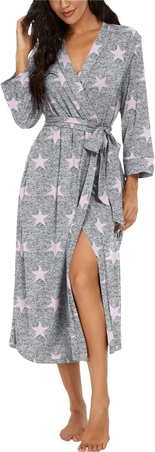 Detalle de PrinStory Damen Bademantel mit 3/4-Ärmeln und V-Ausschnitt (Kimono-Robe) – leichter Morgenmantel