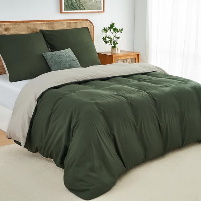 Detalle de Duvetnova Wendebettwäsche 200x200 (3-teilig) Olivgrün/Beige – Microfaser mit OEKO-TEX