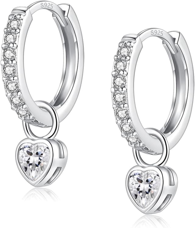 Detalle de Ohrringe Silber 925 Hängende Creolen mit Herz und Zirkonia (14K Weißgold vergoldet) – für Damen & Mädchen