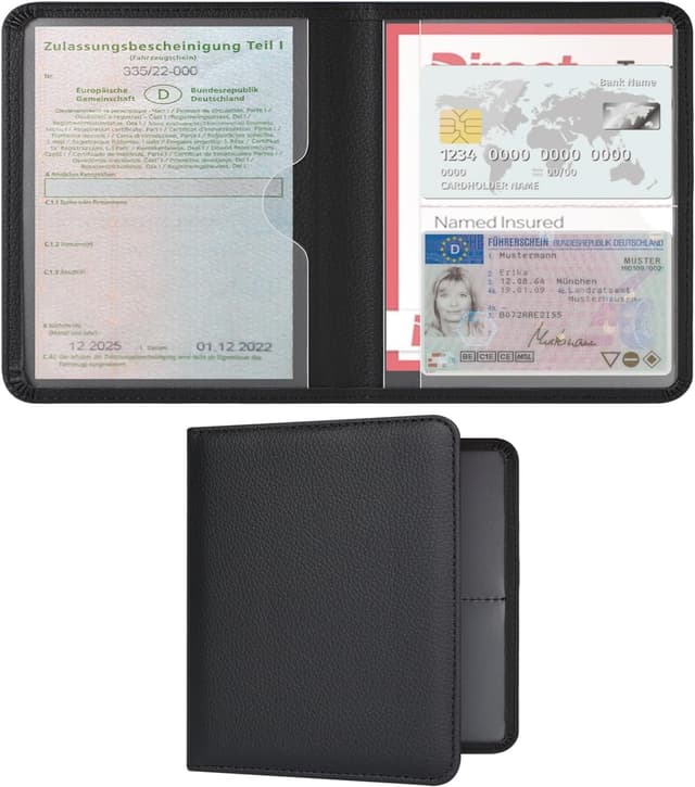 Detalle de RSAquar Fahrzeugschein- & Versicherungsmappe Hülle aus PU-Leder für das Handschuhfach (Schwarz) – kompakte Auto-Dokumententasche