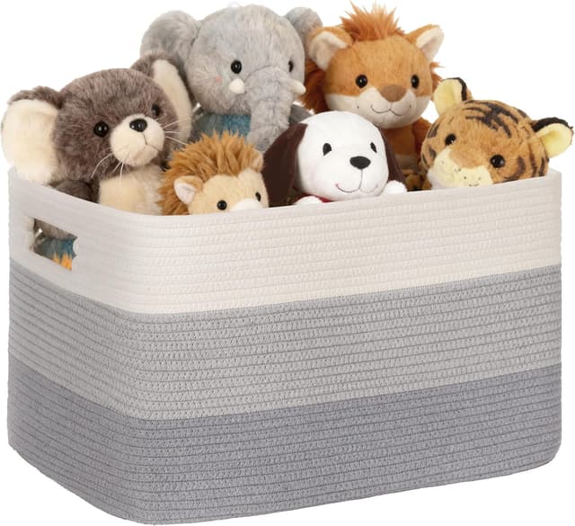 Detalle de 60L Aufbewahrungskorb Klein aus Baumwollseil (Geflochten) mit Griffen – grau meliert für Kinderzimmer, Wäsche & mehr