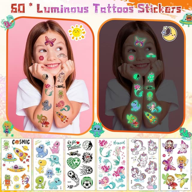 Detalle de AUKZON Glitzer Tattoo Set Kinder – temporäre Glitzertattoos mit 24 Farben & 150 Schablonen