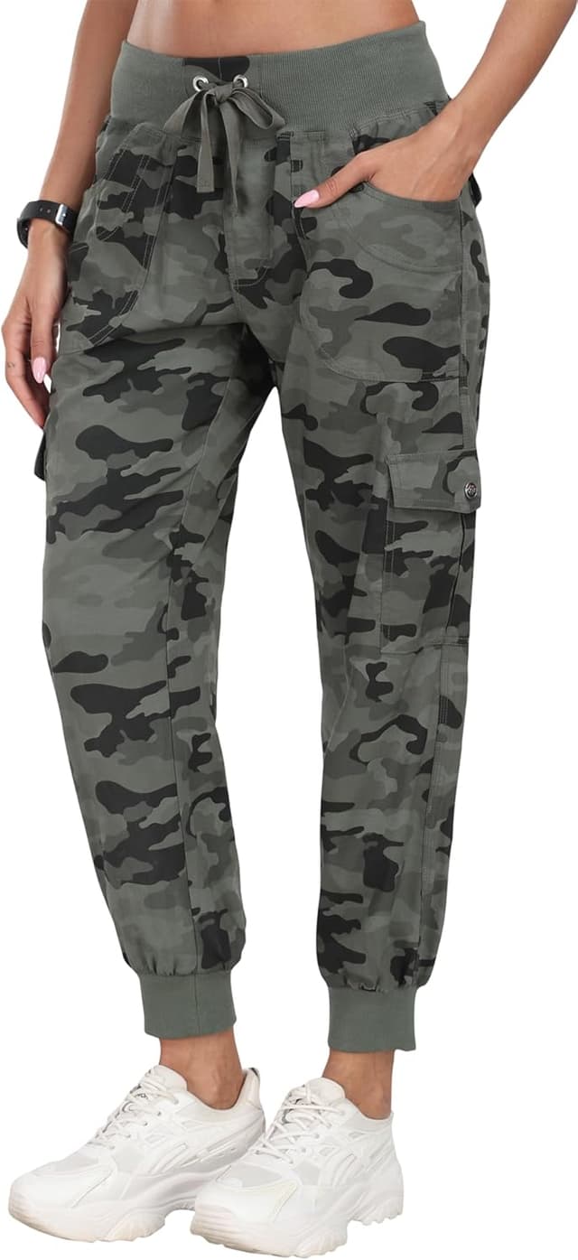 Detalle de JINSHI Damen-Cargohose „Lange Capri“ High Waist mit Kordelzug – atmungsaktiv, leicht und mit Cargo-Taschen