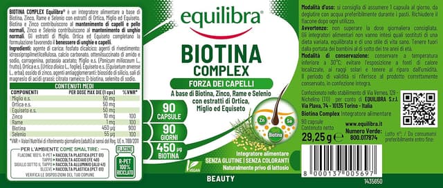Detalle de Equilibra Integratori Alimentari Biotina Complex altodosato (90 capsule) – benessere di capelli, pelle e unghie
