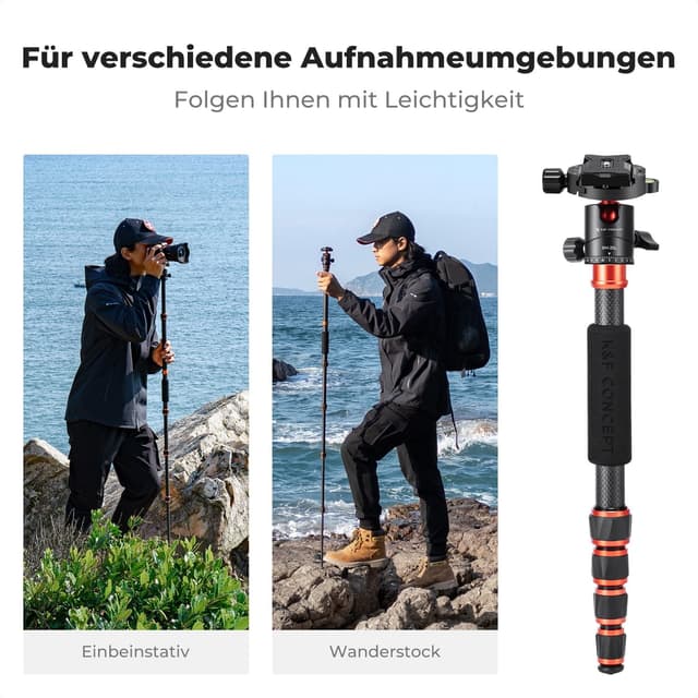 Detalle 2 de K&F CONCEPT A225C0+BH-25L Carbon-Stativ (152 cm) mit 360° Kugelkopf – leicht & flexibel für Foto, Reise und Sport