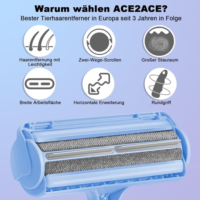 Detalle 2 de ACE2ACE Fusselrolle für Tierhaare (Tierhaarentferner) – für Sofa, Bett, Teppich & Kratzbaum, Baby blau