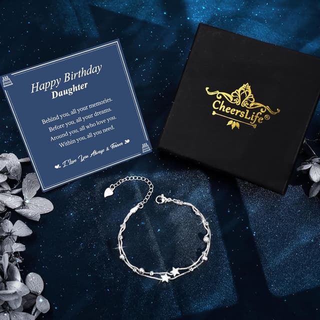 Detalle de CheersLife Happy Birthday Daughter bracelet with stars & cubic zirconia – silver-plated, adjustable jewellery gift