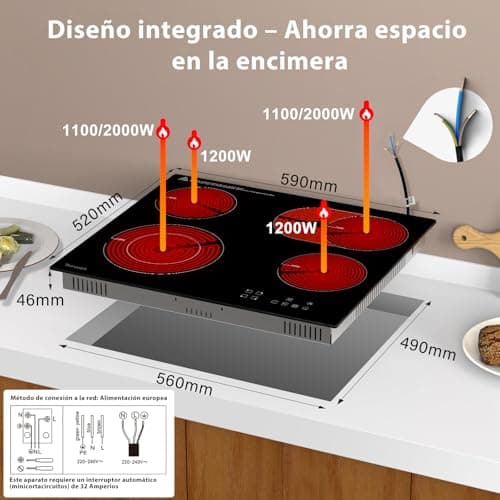 Thumbnail 8 de TOPWISH Topwish placa vitrocerámica encastrable de 60 cm y 4 fuegos con doble zona y temporizador