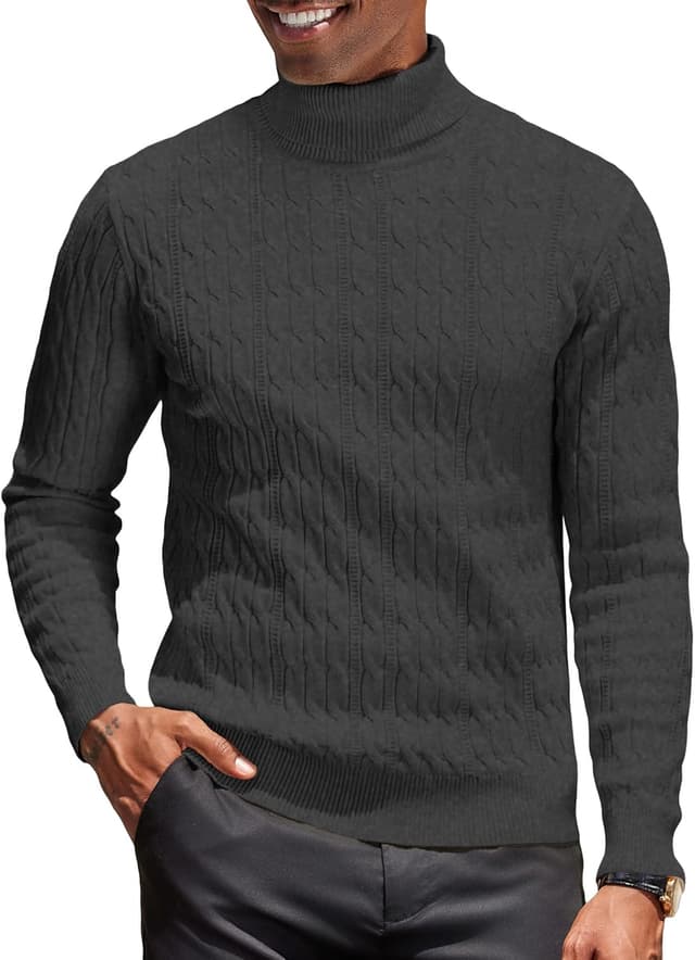 Detalle de COOFANDY men’s turtleneck cable knit jumper – slim fit roll neck for winter layering