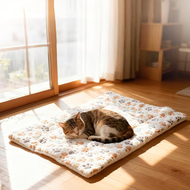 Detalle de THALWEN Soft Fleece Pet Sleeping Mat (Double-Sided) – White with Paw Print, 86x58cm