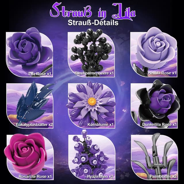 Detalle 2 de PENGBU RC Lila Rosen Blumenstrauß Klemmbausteine – 822-Teile Blumen-Bauspielzeugset für Erwachsene