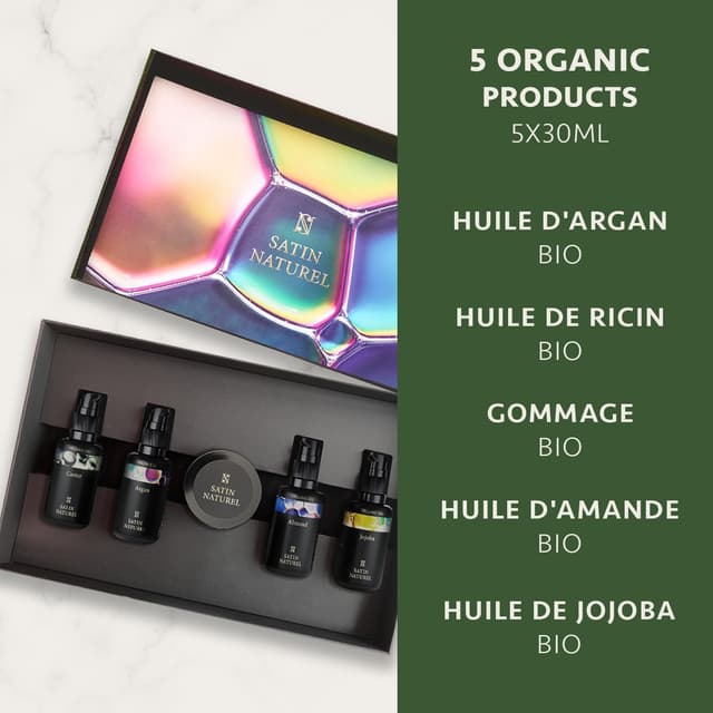 Detalle de Satin Naturel Coffret Beauté 5x30 ml : huile d’argan, ricin, amande & jojoba + gommage corps