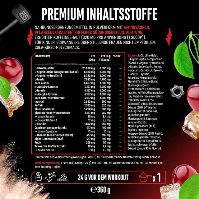 Detalle 2 de Push it to the Limit Pre Workout mit L-Arginin, Citrullin & Koffein – Hochdosiert, 360 g (Cherry Kiwi) – 15 Anwendungen