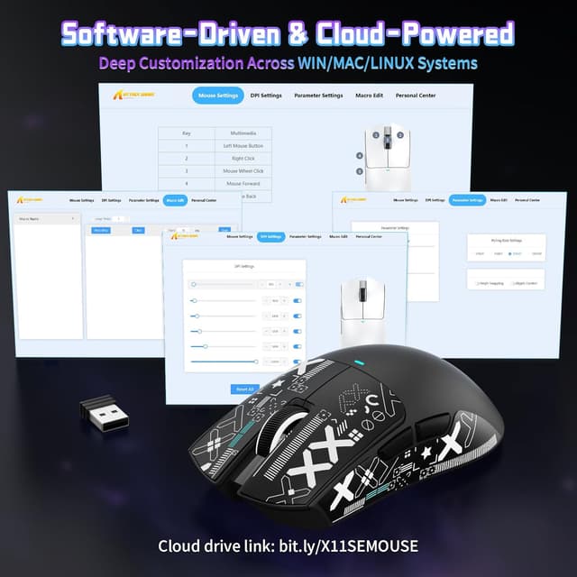 Detalle de ATTACK SHARK X11 SE Wireless Gaming Mouse (PAW3311) – 2.4G/Bluetooth/USB‑C, 22000 DPI, 65 hours battery, 59g (Black+Tape)