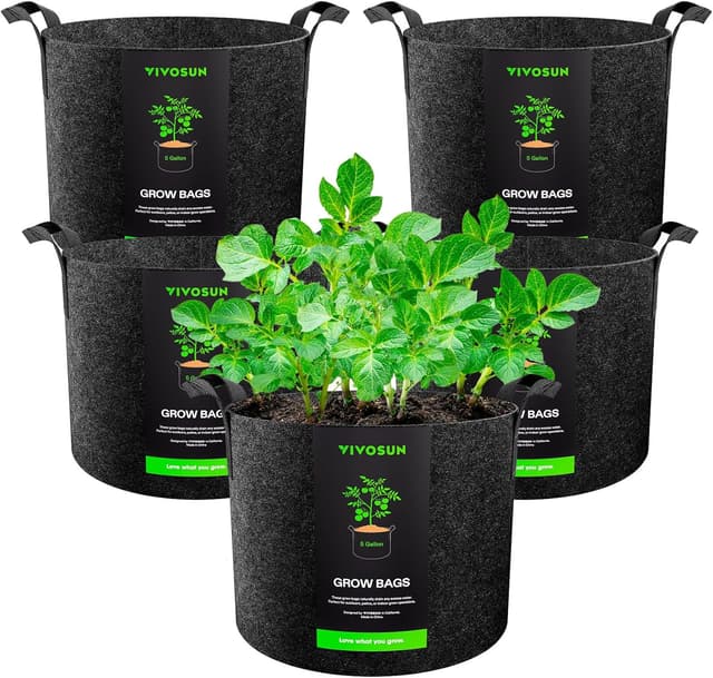 Detalle de VIVOSUN Pflanzsack 5er-Set 20L aus Vliesstoff – robuste Grow Bags mit Griffen