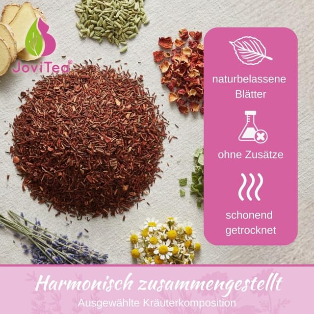 Detalle de JoviTea Glücklich Schwanger Tee BIO – traditionelle Kräutermischung, koffeinfrei, zuckerfrei, 75 g
