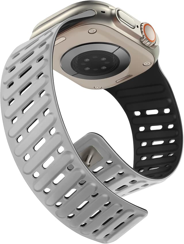 Detalle de Tasikar Clip Magnetic Straps for Apple Watch – Grey-Black silicone waterproof breathable band (fits 42–49mm)