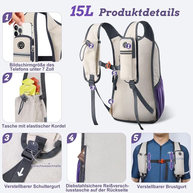 Detalle 2 de BECOJADDE 15L Wanderrucksack – leichter faltbarer Daypack für Camping, Outdoor & Tagesausflüge