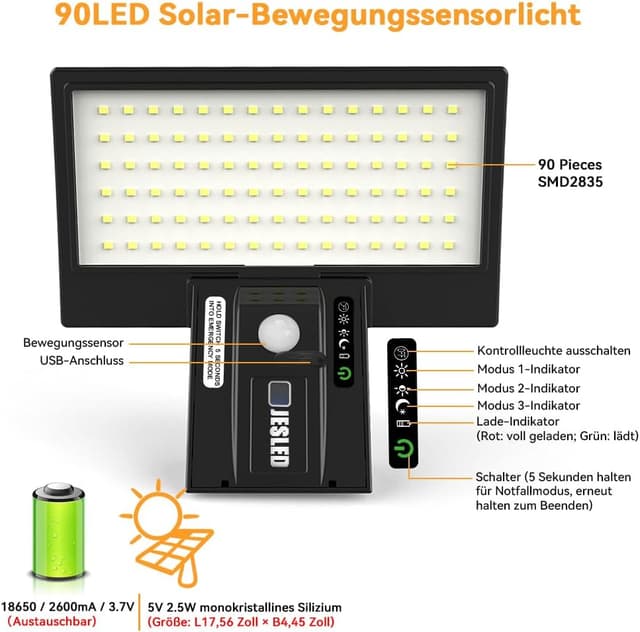 Detalle de JESLED Solarlampen für Außen mit 90 LEDs, Bewegungsmelder und 4 Modi (IP65), austauschbarer Akku – 2er-Set