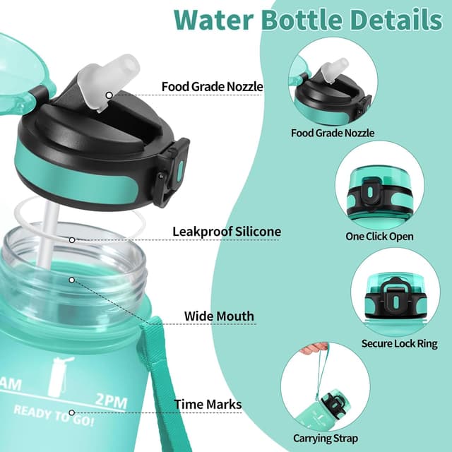 Detalle de Motswedi borraccia 1000 ml motivazionale con cannucchia verde smeraldo, senza BPA