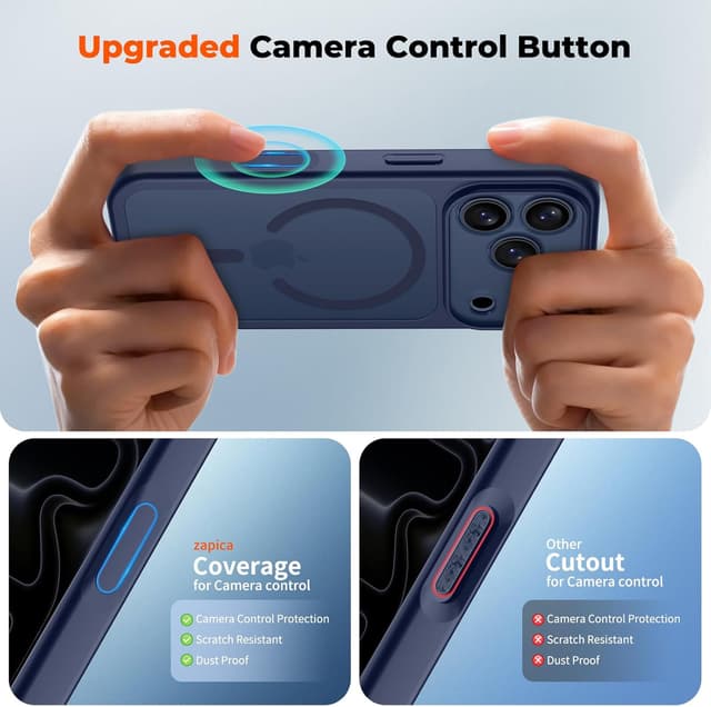 Detalle de zapica Magnetic iPhone 17 Pro Max Case (Deep Blue) with Camera Protection & Tempered Glass Screen Protector