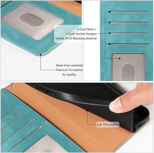 Thumbnail 6 de GOTOURED Handyhülle für iPhone 13 mit Klappfunktion, RFID-Blockierung, Kartenfächern, Magnetverschluss, Ständer & Handgelenksgurt (Grün)