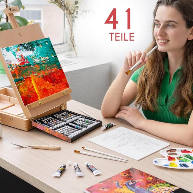 Detalle 1 de Staffelei mit Ölfarben Set Malset 41 Teile
