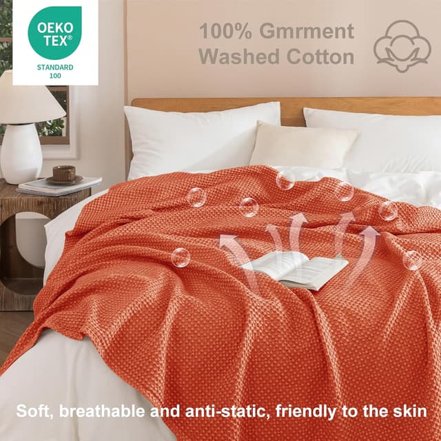 Detalle de Talasily 100% Cotton Waffle Blanket Throw (150 x 200cm) – Orange-red