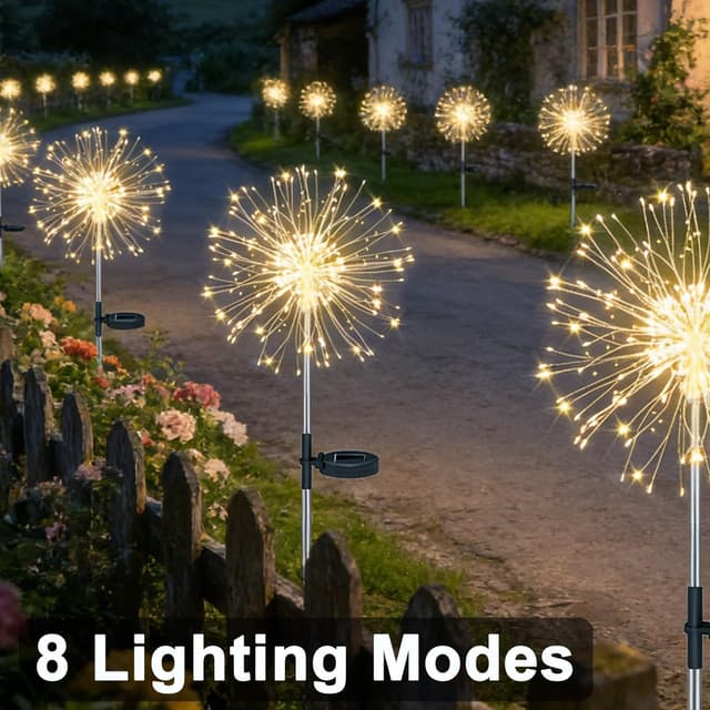 Detalle 2 de Joysing Firework Solar Lights Outdoor Garden (2 Pack, 120 LED) – Warm White, Waterproof Starburst Path Lights with 8 Modes