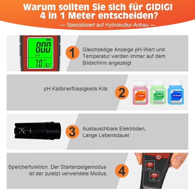 Detalle 2 de GIDIGI pH Messgerät 4-in-1 🧪