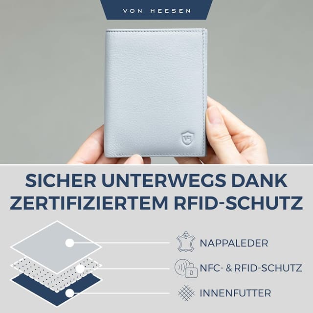 Detalle 1 de VON HEESEN Leder-Geldbörse für Herren & Damen mit (RFID-)Schutz – Hellblau, ohne Münzfach