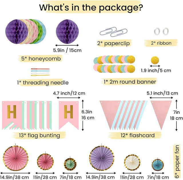 Detalle 2 de Meowoo Geburtstagsdeko-Set mit „Happy Birthday“-Girlande, Wimpelkette, Macaron-Dekor aus Papier & Wabenblumen