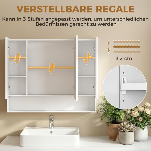 Detalle de kleankin Armoire murale de salle de bain avec miroir (3 portes, 90 x 15 x 75 cm) en blanc