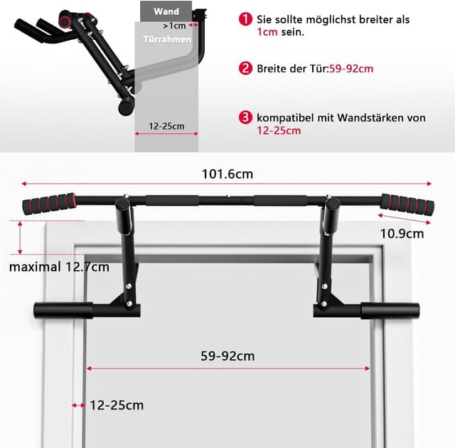 Detalle de ONETWOFIT Barra per trazioni da porta con manici antiscivolo, pieghevole, carico fino a 210 kg