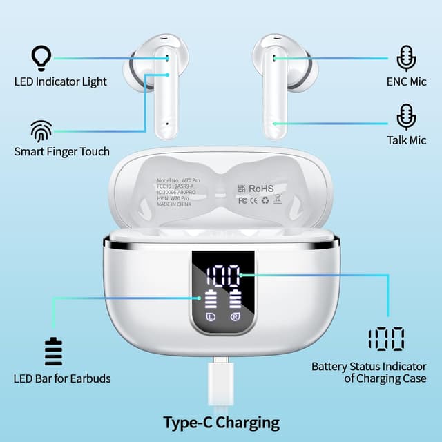 Detalle de OWMSIC 2026 New Wireless Earbuds (Bluetooth 5.4) with Noise Cancelling Mic and IPX7, 46H in-Ear – White