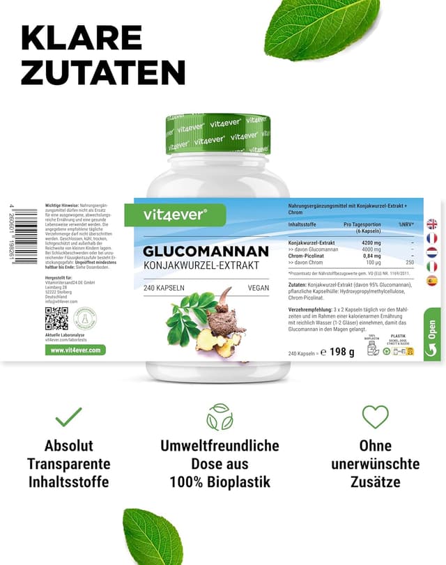 Detalle de Vit4ever Glucomannan aus der Konjak-Wurzel – 240 Kapseln, hochdosiert (4200 mg/Tag) & Chrom (vegan)