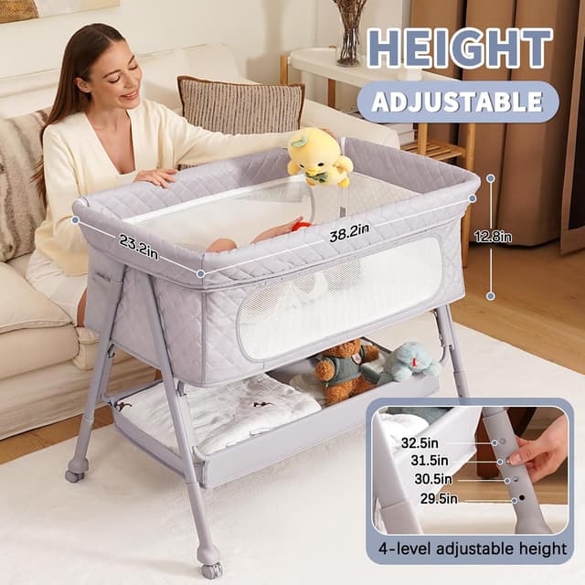 Detalle 2 de Kiniew Bassinet Bedside Sleeper (Adjustable Height, Folding, Mesh) — Grey