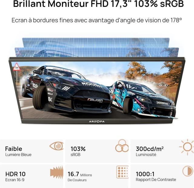 Detalle de ARZOPA Grand Écran Portable 17,3 pouces FHD HDR IPS (USB‑C/HDMI) pour PC, Mac, PS5/PS4, Xbox et Switch