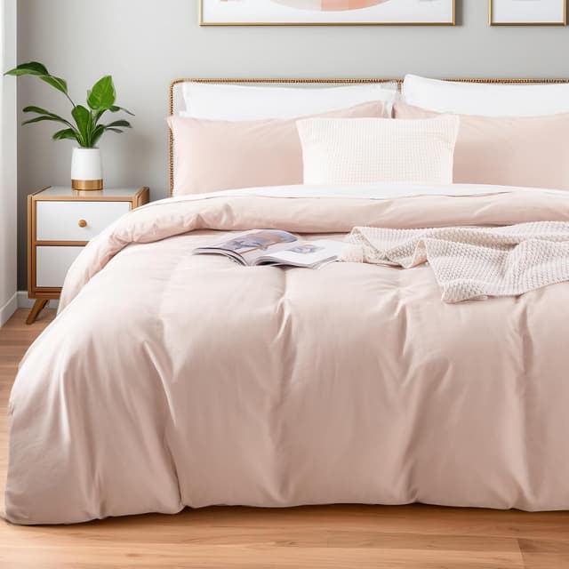 Detalle de NEXHOME PRO Queen Linen-Look Washed Cotton Duvet Cover Set (Greyish Light Pink) with Zipper Closure