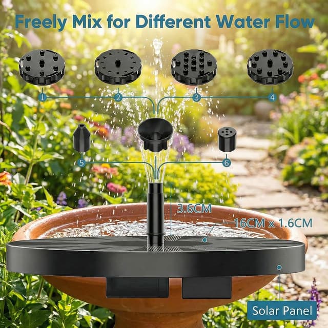 Detalle de Solar Springbrunnen für Außen mit 1,5 W, 6 Sprüh-Effekten und 4 Stützstangen – für Garten, Teich & Vogelbad