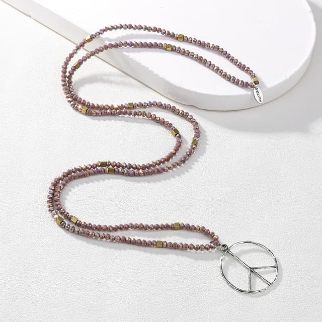 Detalle 2 de KELITCH Classic Peace Anhänger Halskette „Love“ mit Frosted Crystal Perlen (lila, A)